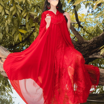 Етно стил с качулка, дълга шифонена пелерина - полиестер, четири сезона, къси ръкави