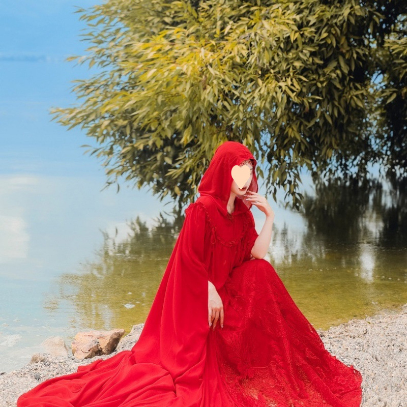 Етно стил с качулка, дълга шифонена пелерина - полиестер, четири сезона, къси ръкави