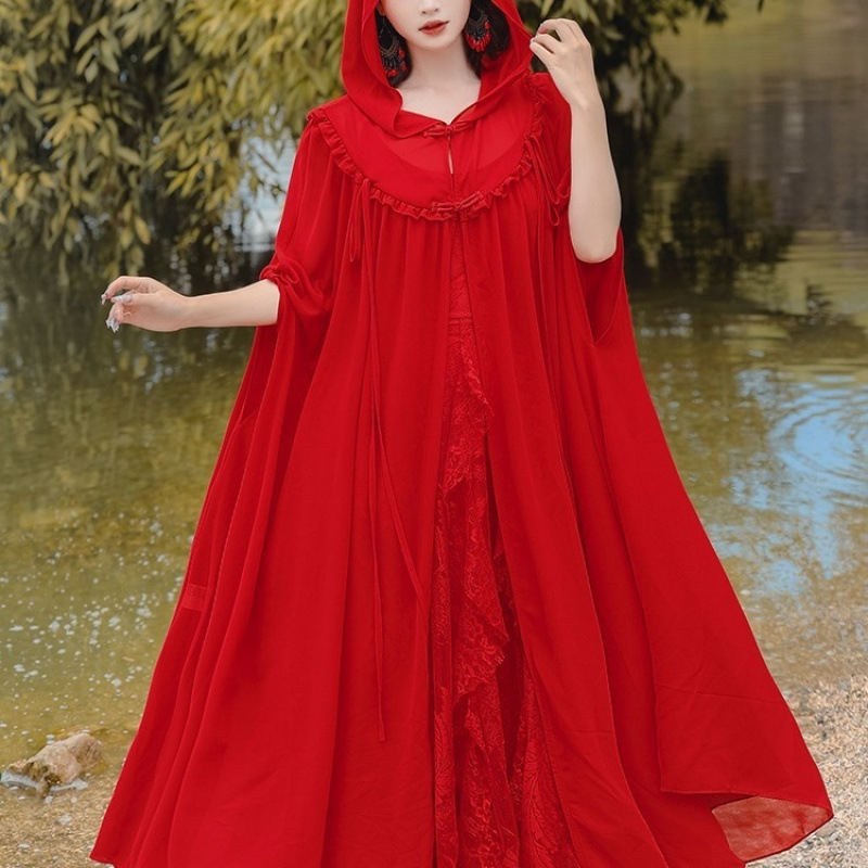 Етно стил с качулка, дълга шифонена пелерина - полиестер, четири сезона, къси ръкави