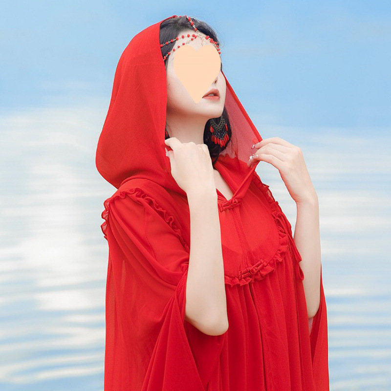 Етно стил с качулка, дълга шифонена пелерина - полиестер, четири сезона, къси ръкави