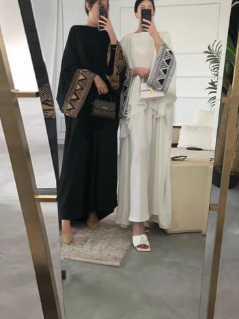 Rochie abaya brodată din poliester, croială în linie A, mâneci lungi