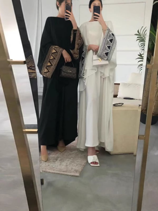 Rochie abaya brodată din poliester, croială în linie A, mâneci lungi