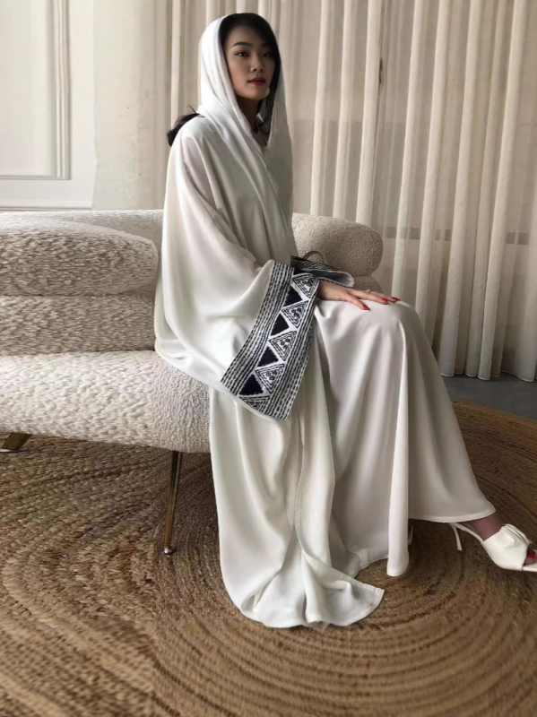Rochie abaya brodată din poliester, croială în linie A, mâneci lungi