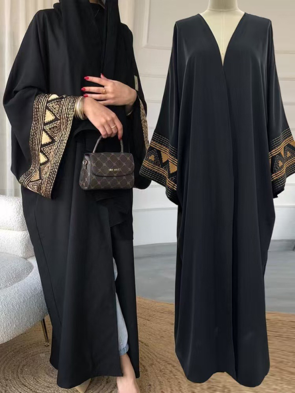 Rochie abaya brodată din poliester, croială în linie A, mâneci lungi