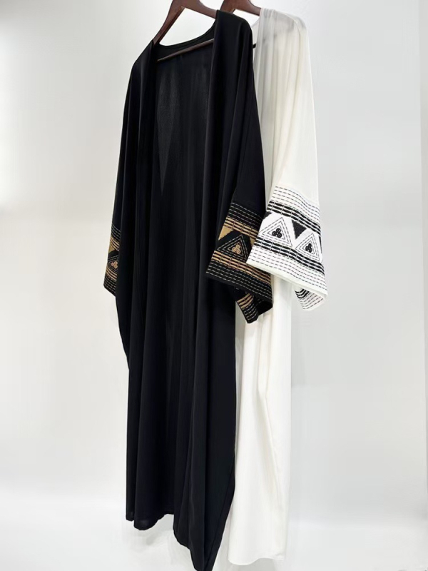 Rochie abaya brodată din poliester, croială în linie A, mâneci lungi