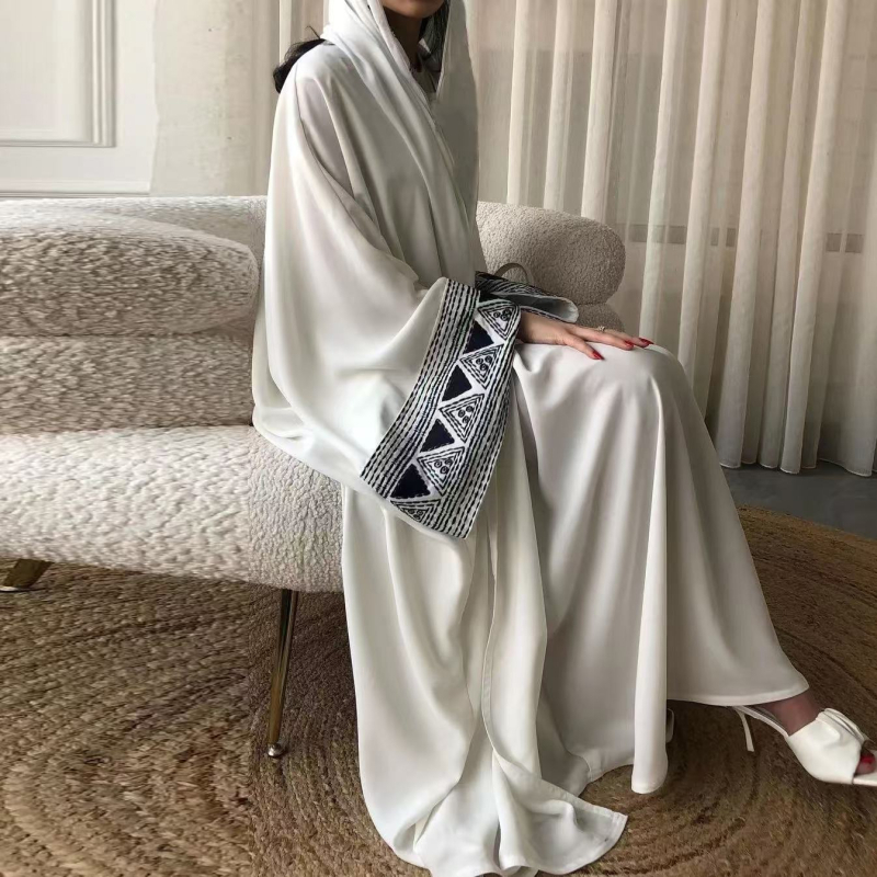 Rochie abaya brodată din poliester, croială în linie A, mâneci lungi