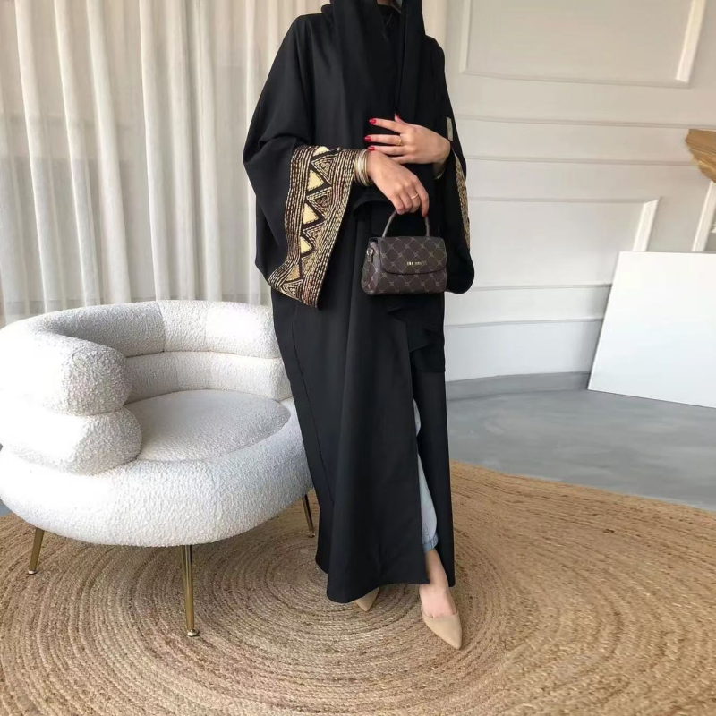 Rochie abaya brodată din poliester, croială în linie A, mâneci lungi