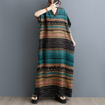 Rochie midi din bumbac și in, în dungi, stil retro-literar, decolteu în V, talie lejeră, mâneci de tip bat, croi tridimensional