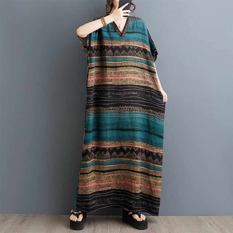 Rochie midi din bumbac și in, în dungi, stil retro-literar, decolteu în V, talie lejeră, mâneci de tip bat, croi tridimensional