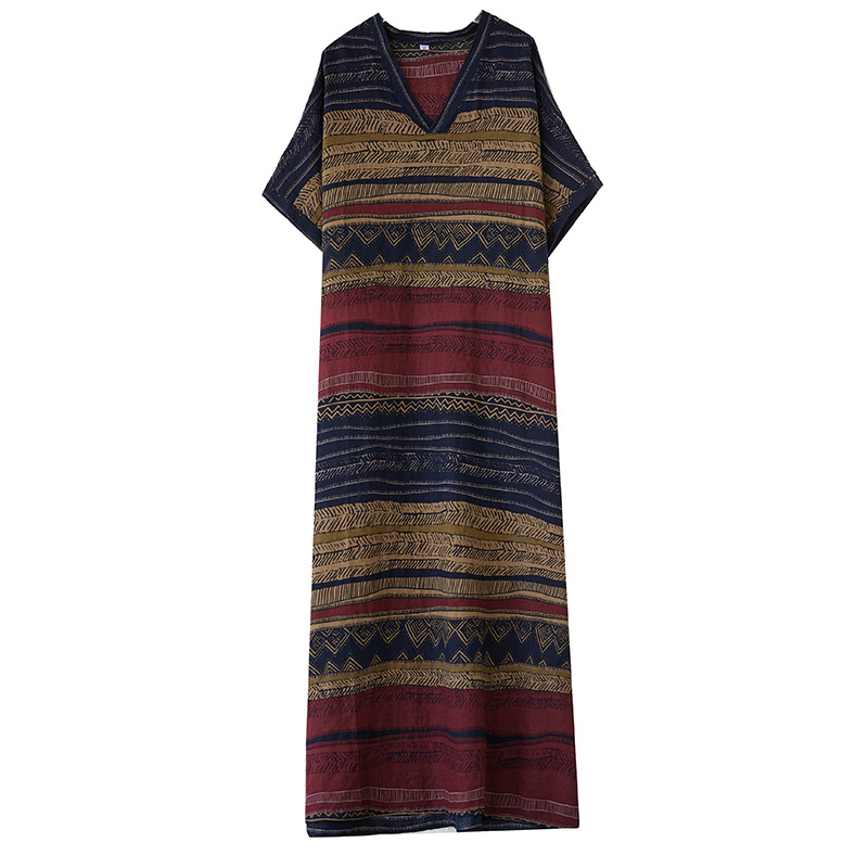 Rochie midi din bumbac și in, în dungi, stil retro-literar, decolteu în V, talie lejeră, mâneci de tip bat, croi tridimensional