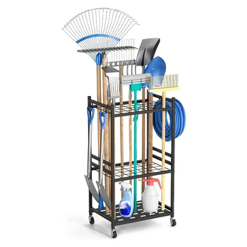 Muscle Art 3-slojni stalak za vrtne alate od karbonskog čelika s kukicama za pohranu, slobodno stojeći na podu, višenamjenski