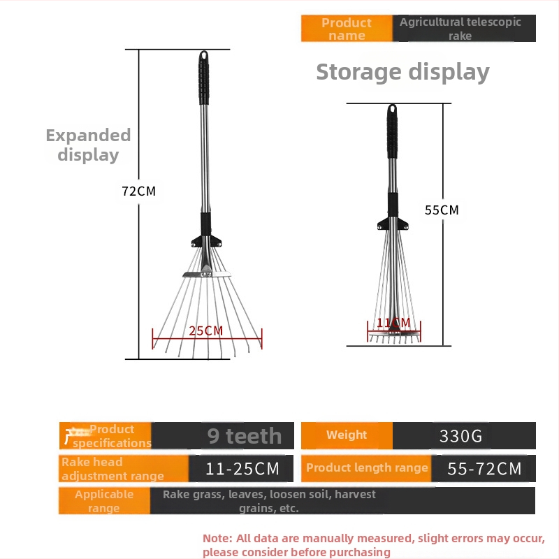 Teleskopinis sodo grėblys, modelis 01, prekė Prepared, universalus naudojimas