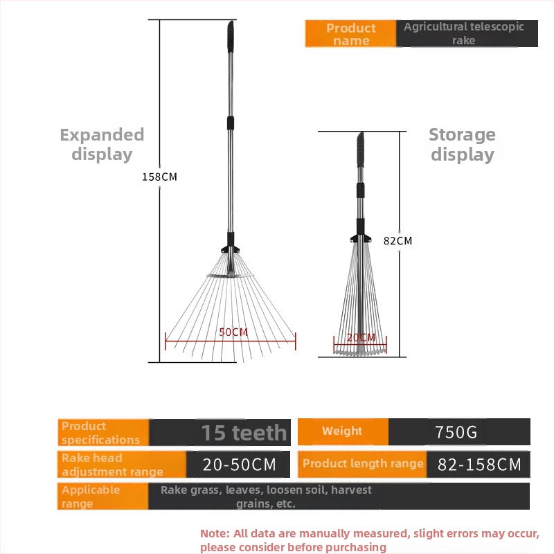 Teleskopinis sodo grėblys, modelis 01, prekė Prepared, universalus naudojimas