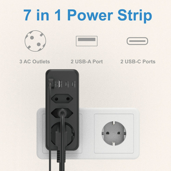7-в-1 EU щепсел за защита от пренапрежение със 3 гнезда, 2 USB-A порта и 2 USB-C порта