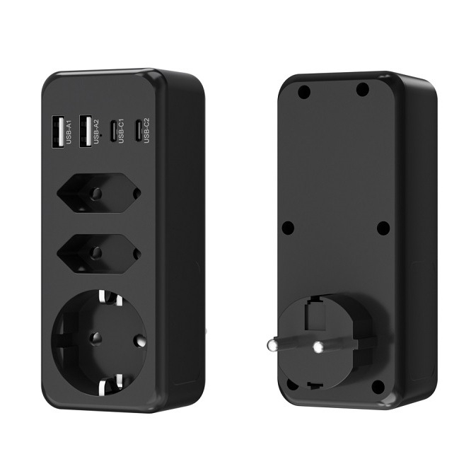 7-в-1 EU щепсел за защита от пренапрежение със 3 гнезда, 2 USB-A порта и 2 USB-C порта