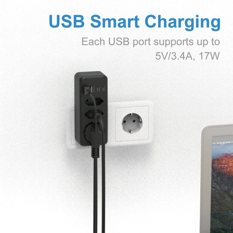 7-in-1 EU kištukų įtampos apsauga su 3 lizdais, 2 USB-A ir 2 USB-C portais