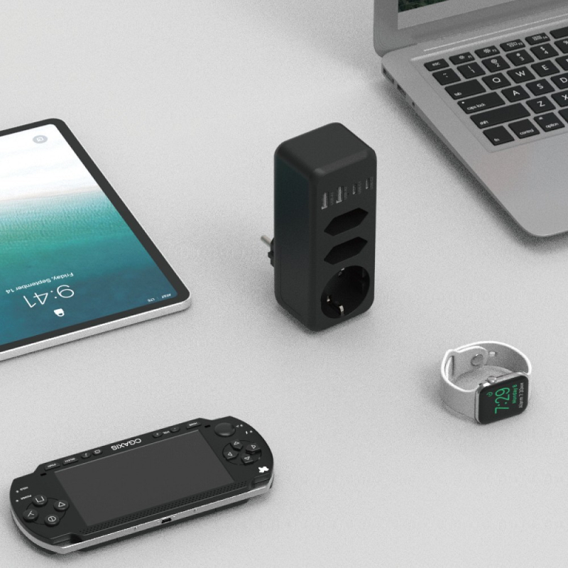 7-in-1 EU kištukų įtampos apsauga su 3 lizdais, 2 USB-A ir 2 USB-C portais
