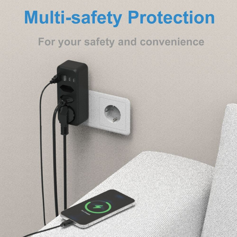 7-in-1 EU kištukų įtampos apsauga su 3 lizdais, 2 USB-A ir 2 USB-C portais