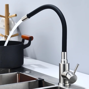 Кухненски смесител от неръждаема стомана с финиш с четка, гореща и студена вода, керамичен дисков клапан, управление с повдигане