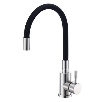 Кухненски смесител от неръждаема стомана с финиш с четка, гореща и студена вода, керамичен дисков клапан, управление с повдигане