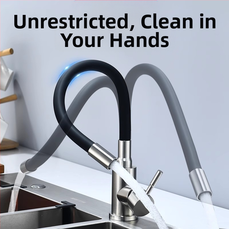 Кухненски смесител от неръждаема стомана с финиш с четка, гореща и студена вода, керамичен дисков клапан, управление с повдигане