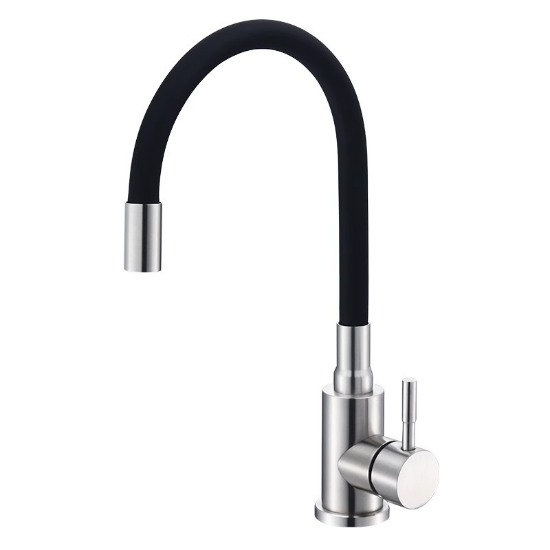 Кухненски смесител от неръждаема стомана с финиш с четка, гореща и студена вода, керамичен дисков клапан, управление с повдигане