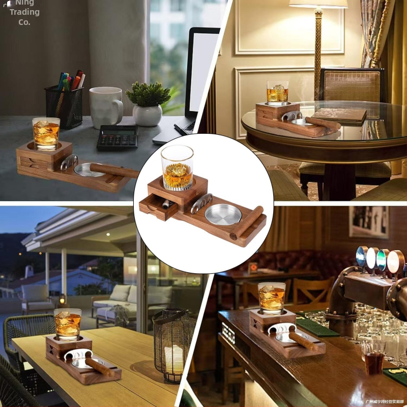 Цигарен пепелник, дървен, с държач за чаша уиски, метално чекмедже със слот и резачка за пури