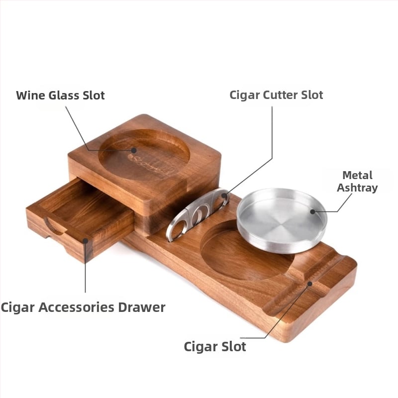 Τασάκι πούρων, ξύλινο με θήκη για ποτήρι ουίσκι, μεταλλικό συρτάρι με αυλάκι και κοπτικό για πούρα