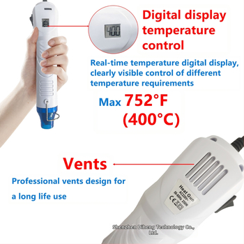 Горещ въздушен пистолет с цифрово управление на температурата, захранване от мрежата, 220V, диапазон на напрежение 220–230V, защита от прегряване