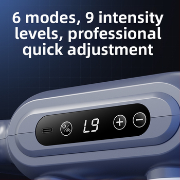 Profesionalus nešiojamas perkusinis masažuoklis su 6+ galvomis, šepetinis variklis, LCD ekranas, 5+ greičiai, įkraunamas, tylus.