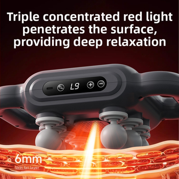 Profesionalus nešiojamas perkusinis masažuoklis su 6+ galvomis, šepetinis variklis, LCD ekranas, 5+ greičiai, įkraunamas, tylus.