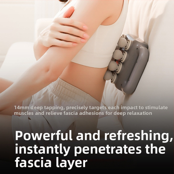 Profesionalus nešiojamas perkusinis masažuoklis su 6+ galvomis, šepetinis variklis, LCD ekranas, 5+ greičiai, įkraunamas, tylus.