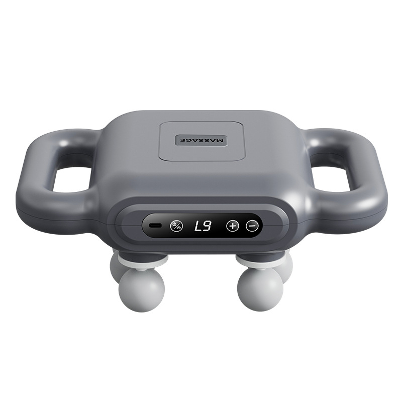 Profesionalus nešiojamas perkusinis masažuoklis su 6+ galvomis, šepetinis variklis, LCD ekranas, 5+ greičiai, įkraunamas, tylus.