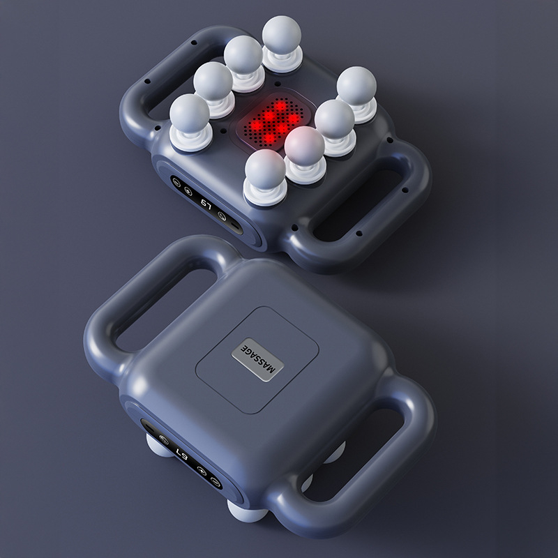 Profesionalus nešiojamas perkusinis masažuoklis su 6+ galvomis, šepetinis variklis, LCD ekranas, 5+ greičiai, įkraunamas, tylus.