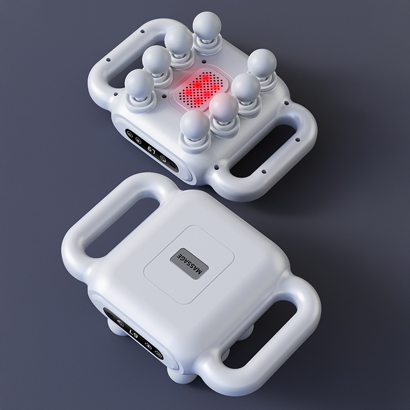 Profesionalus nešiojamas perkusinis masažuoklis su 6+ galvomis, šepetinis variklis, LCD ekranas, 5+ greičiai, įkraunamas, tylus.