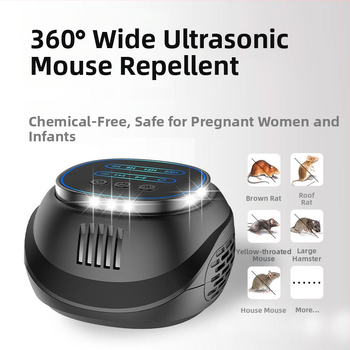 Laiko reguliuojamas ultragarso atbaidytuvas pelėms ir kenkėjams su keturkampėmis mirgančiomis šviesomis, kvadratinė korpuso forma, 220V, 5W