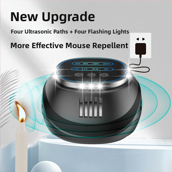 Laiko reguliuojamas ultragarso atbaidytuvas pelėms ir kenkėjams su keturkampėmis mirgančiomis šviesomis, kvadratinė korpuso forma, 220V, 5W