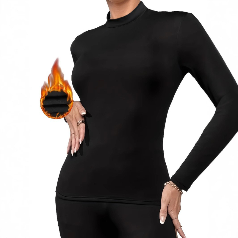 Ženski top s okruglim izrezom, dugim rukavima, fleece podstava, uski kroj, poliester sa spandeksom, srednja težina