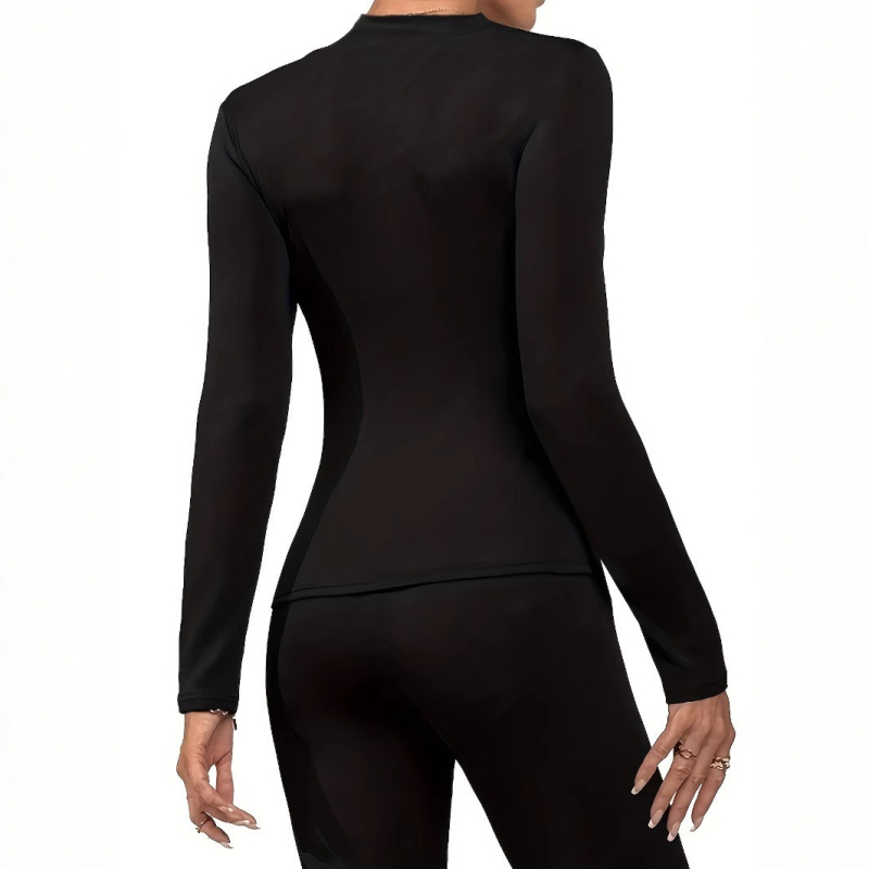 Ženski top s okruglim izrezom, dugim rukavima, fleece podstava, uski kroj, poliester sa spandeksom, srednja težina