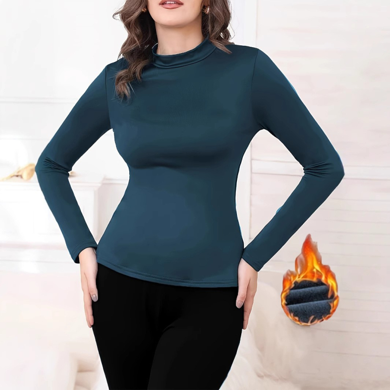 Ženski top s okruglim izrezom, dugim rukavima, fleece podstava, uski kroj, poliester sa spandeksom, srednja težina