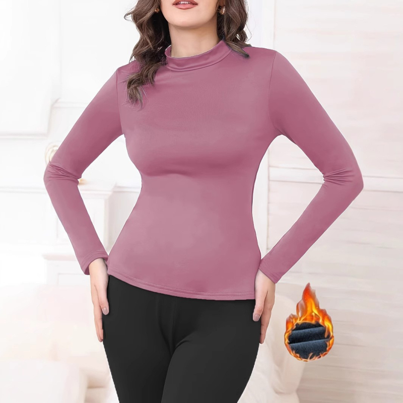 Ženski top s okruglim izrezom, dugim rukavima, fleece podstava, uski kroj, poliester sa spandeksom, srednja težina