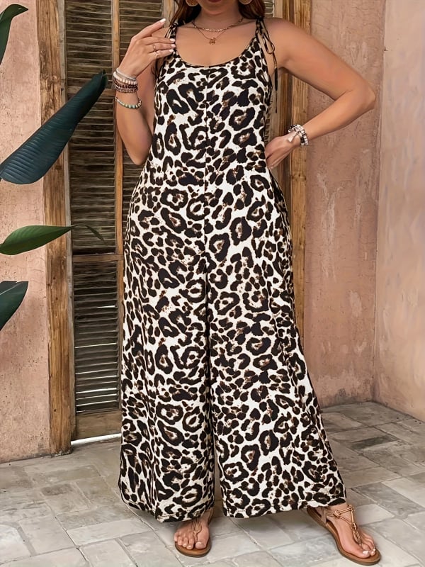 Женска дълга рокля без ръкави с леопардов принт, полиестер с еластан, принт, свободна талия, лято 2025