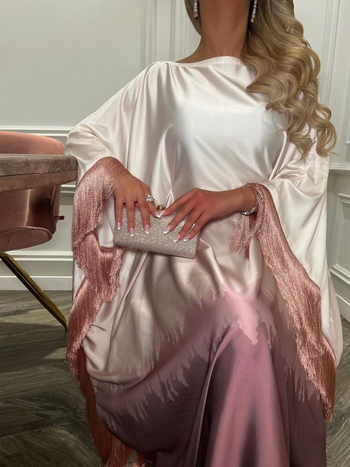 Μακρύ φόρεμα με φουντάκια και διαβαθμισμένη εκτύπωση, πολυεστέρας 95%+, μακριά φούστα, μακριά μανίκια, επεξεργασία υψηλής θερμοκρασίας, καλοκαίρι 2025