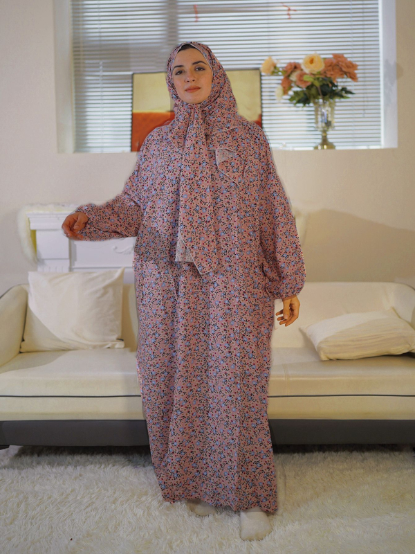 Ženska islamska haljina za molitvu, duga, elegantan stil; materijal: rayon; uzorak: razbijeni cvjetovi; ovratnik: šal