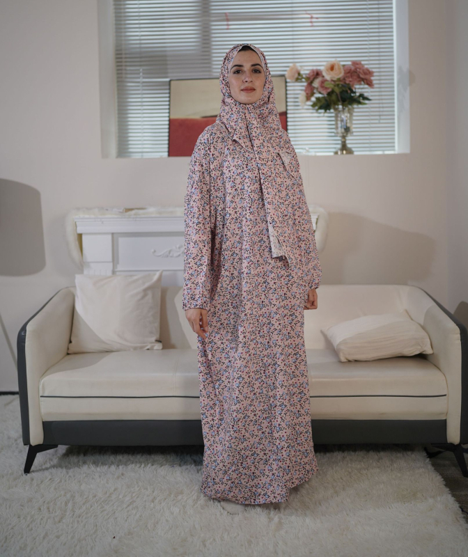 Ženska islamska haljina za molitvu, duga, elegantan stil; materijal: rayon; uzorak: razbijeni cvjetovi; ovratnik: šal
