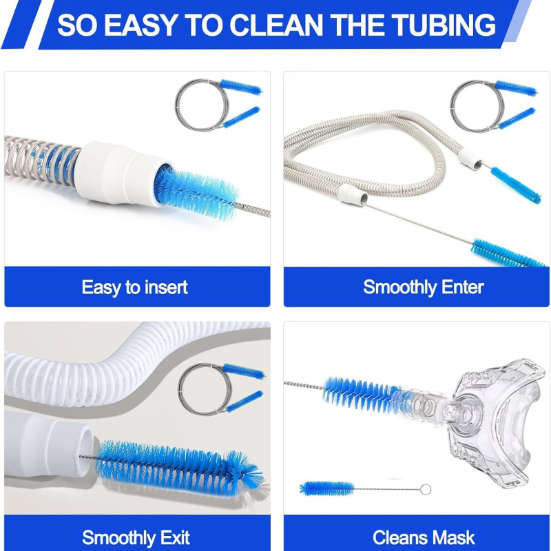 CPAP csőtisztító kefékből álló készlet, 4 darab (2 kefével és 2 Velcro pánttal a tömlőhöz), rozsdamentes acél + nylon