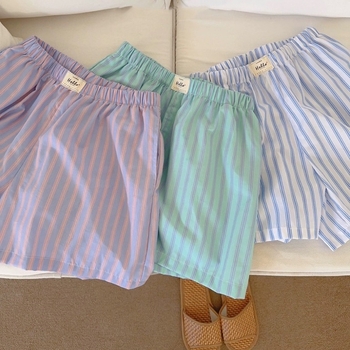 Női pizsama rövidnadrág, koreai stílus, csíkos, pamut, vékony anyag