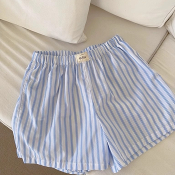 Σορτς πυτζάμας για γυναίκες, κορεατικού στυλ, καλοκαιρινά ριγέ, βαμβάκι, λεπτό ύφασμα