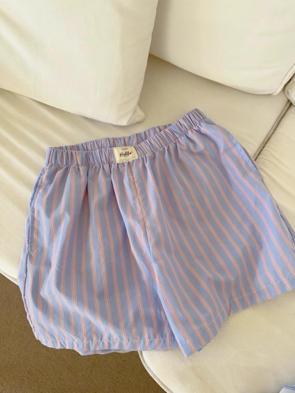 Női pizsama rövidnadrág, koreai stílus, csíkos, pamut, vékony anyag