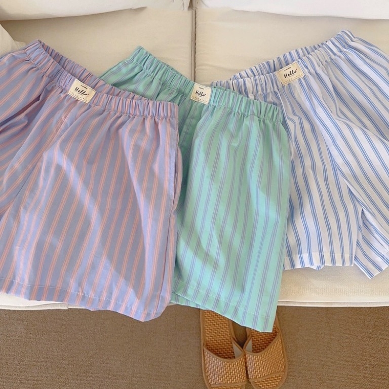 Női pizsama rövidnadrág, koreai stílus, csíkos, pamut, vékony anyag